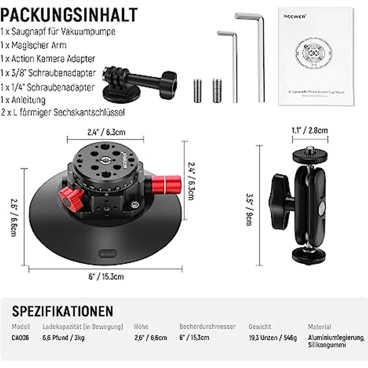 NEEWER 6" Kamera Saugnapf Halterung mit Kugelkopf Magic Arm, Aluminium, für Action Kamera/Smartphone, 1/4" & 3/8" Befestigungslöcher, 5kg Tragfähigkeit – Bild 3