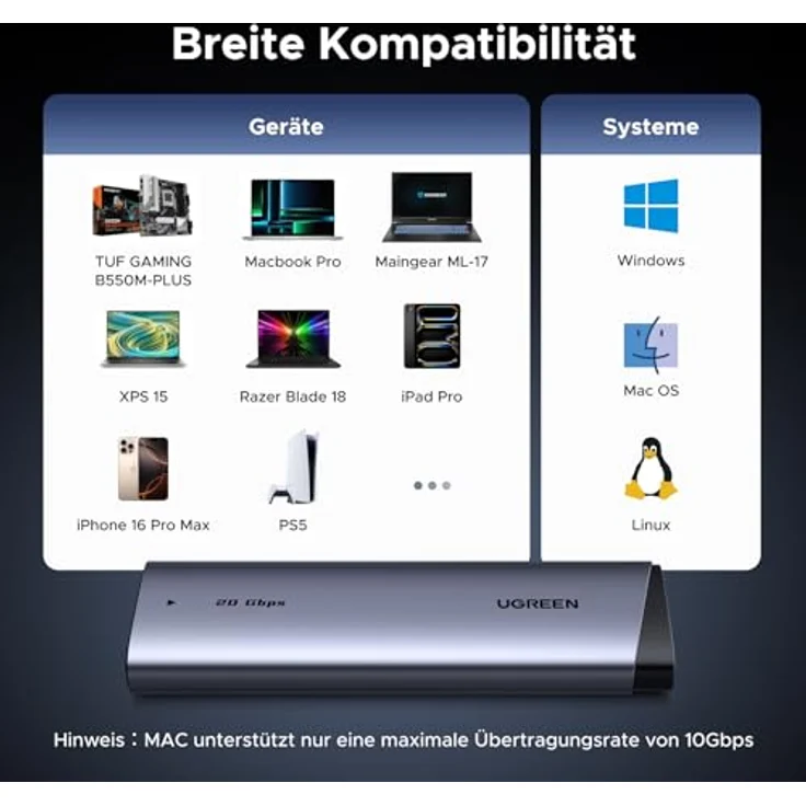 Ugreen CM767 Festplattengehäuse, M.2 NVMe/SATA bis 8 TB, 20 Gbit/s, Aluminium, grau – Bild 8