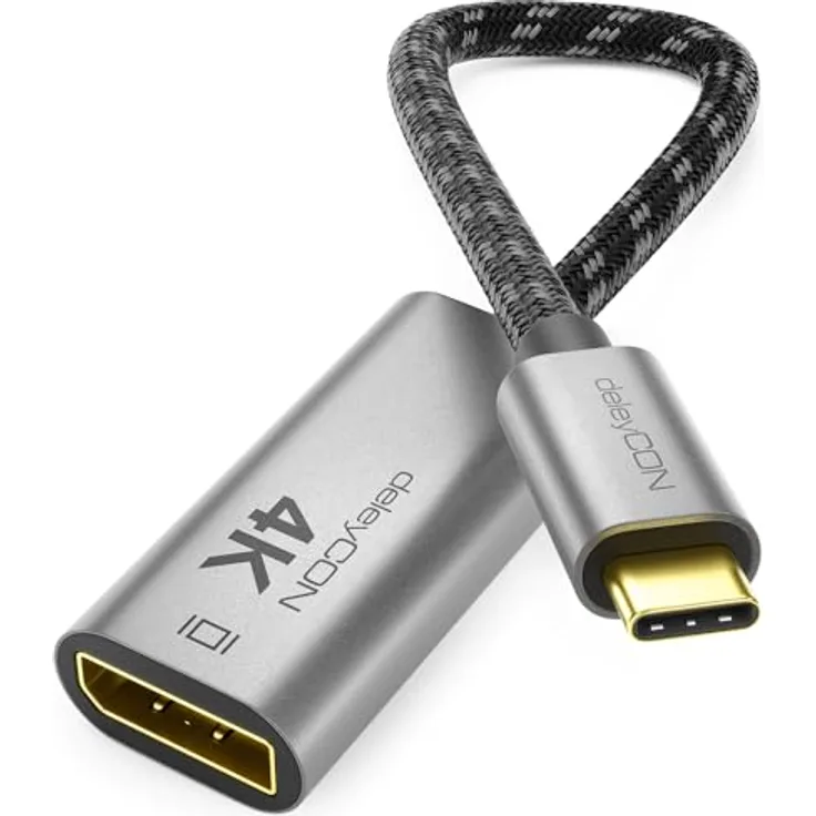 deleyCON 4K USB-C auf DisplayPort Adapter, 4K@60Hz, Aluminium, Thunderbolt 3/4, schwarz/grau, für iPhone 17/16/15 Pro Max Air, MacBook, iPad Pro/Air, Galaxy S25/S24/S23