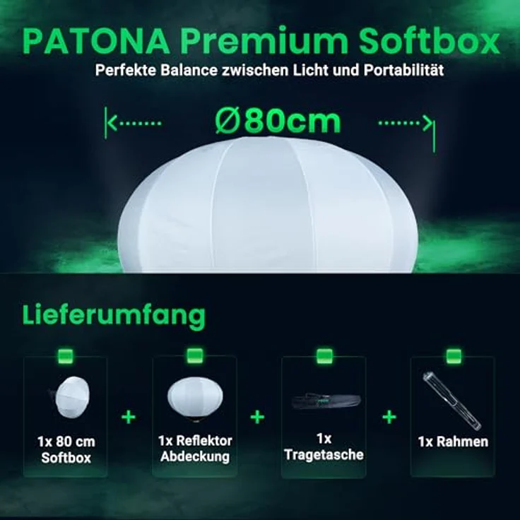 Patona Premium Global Softbox 80cm, Lichtformer mit reflektierendem Silber, Quick Set-Up Klappmechanismus, inklusive Tragetasche – Bild 7