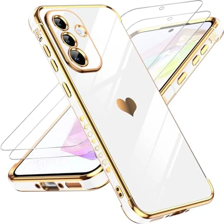 LeYi Handyhülle für Samsung Galaxy A36 5G, mit 2*Schutzfolie, TPU Silikon, Herz Muster, stoßfest, kratzfest, Kameraschutz, Weiß – Bild 1