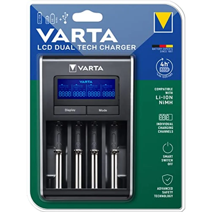 Varta LCD Dual Tech Ladegerät (geeignet für Ni-MH AA-AAA, Li-Ion 18650, 18490, 18350, 17670, 17500, RCR123A - 17335 - 16340, 14500, 10440, per USB ladbare Geräte, Einzelschachtladung) – Bild 3