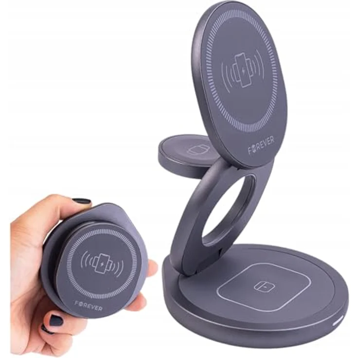 Forever Magnetische Induktive Ladestation 3in1 Grau - Kabelloses 15W Schnellladegerät - 360° Drehbarkeit - Wireless Charger für iPhone – Bild 1