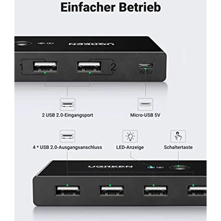 UGREEN USB Switch 2PC KVM USB Switch 2 In 4 Out für stabile Datenübertragung Umschalter mit 2 USB Kabel für Tastatur, Maus, Drucker, Scanner, USB Sticks, Externe Festplatte, Headsets usw. – Bild 4
