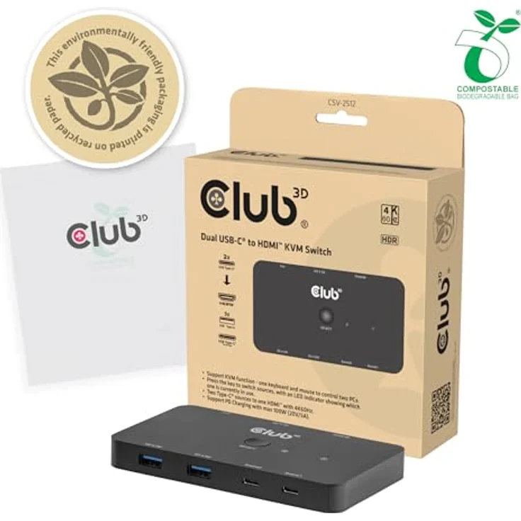 Club 3D KVM Switch 4K60Hz, 2x USB-C zu HDMI, 3x USB, 100W PD, Schwarz – Bild 9