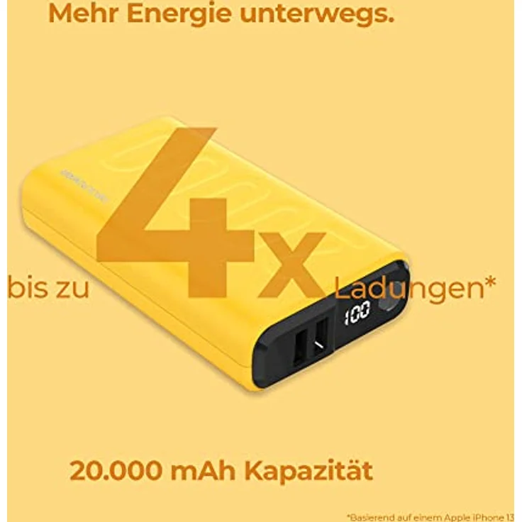 Realpower PB-20000 PowerPack PD Ladeset Powerbank mit 22.5W Power und 20.000mAh Kapazität, Nano USB-C Ladegerät, kompatibel mit iPhone ProMax, iPad, Samsung Galaxy, Google Pixel usw, Gelb – Bild 2