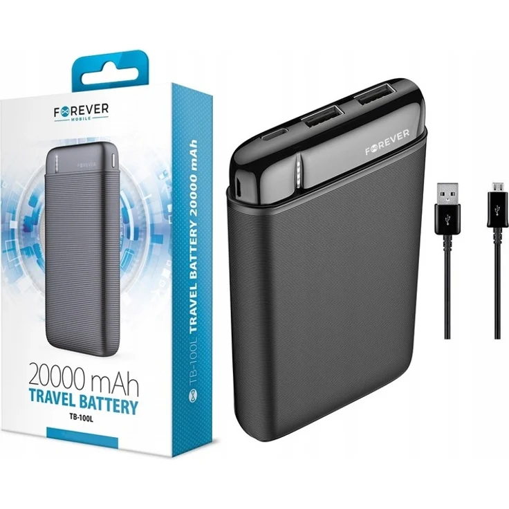 FOREVER Powerbank 20000 mAh TB-100L schwarz, Energiebank mit 2 USB-Ausgängen