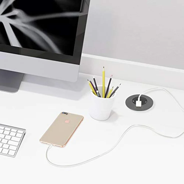 Electraline 62558 Tisch-Einbausteckdose Grommet mit USB Fast Charge 2A, Ø 60 mm, 2m Kabel, Schuko – Bild 2