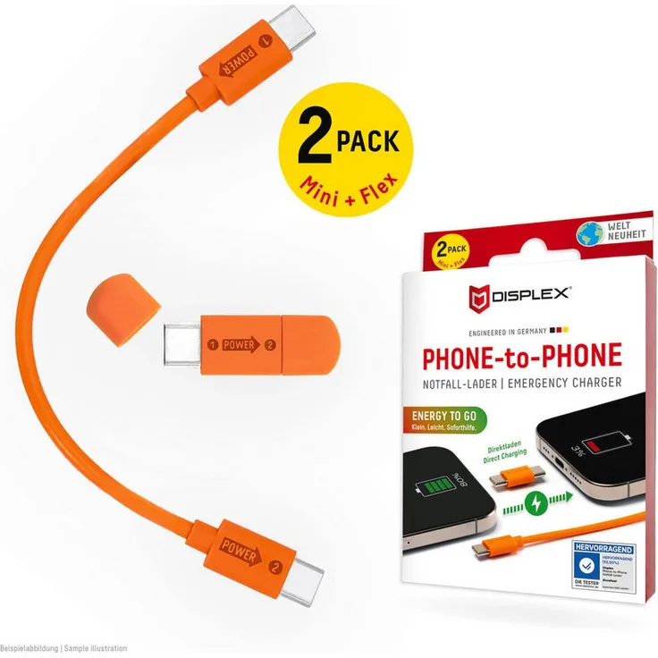 Displex Phone-to-Phone Notfall-Lader, USB-C auf USB-C, 2-teiliges Set mit Mini-Stecker (3,5 cm) und flexiblem Ladekabel (15 cm) für unterwegs