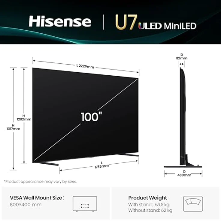 Hisense 100U7Q, 100 Zoll 4K Mini LED ULED Smart TV mit Hi-View AI Engine Pro, 165Hz Game Mode Ultra, FreeSync Premium, Built-in Subwoofer, Dolby Vision IQ Atmos, Airplay [2025] – Bild 2