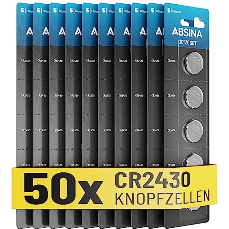 ABSINA CR2430 Knopfzelle 50er Pack - Lange Haltbarkeit & auslaufsicher - CR 2430 3V Knopfzellen, Batterie 2430, Knopfbatterie CR2430 - Schwarz