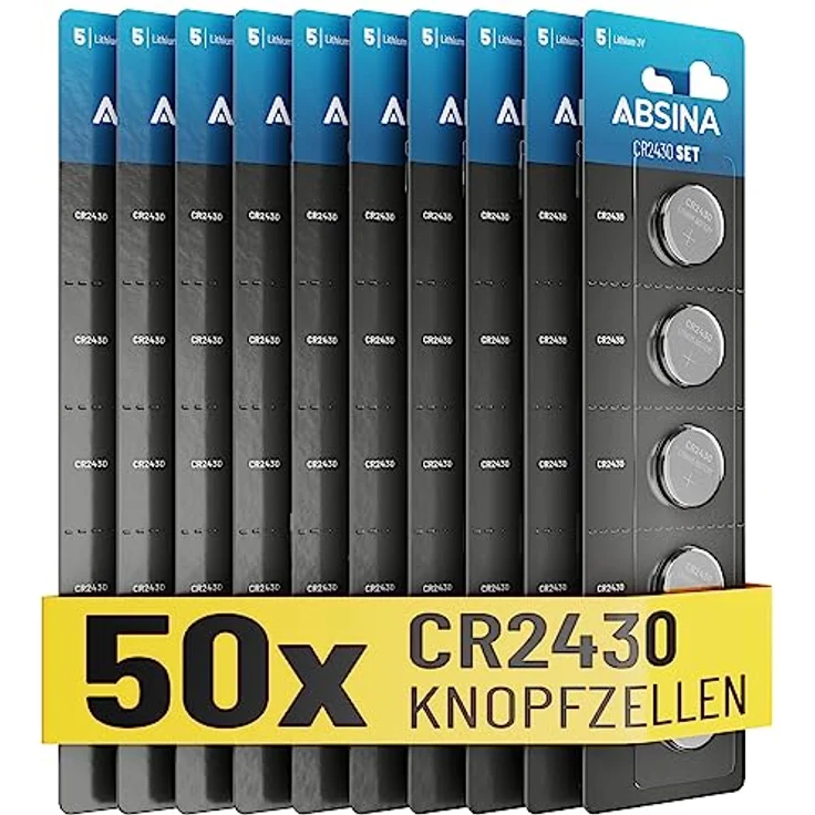 ABSINA CR2430 Knopfzelle 50er Pack - Lange Haltbarkeit & auslaufsicher - CR 2430 3V Knopfzellen, Batterie 2430, Knopfbatterie CR2430 - Schwarz – Bild 1