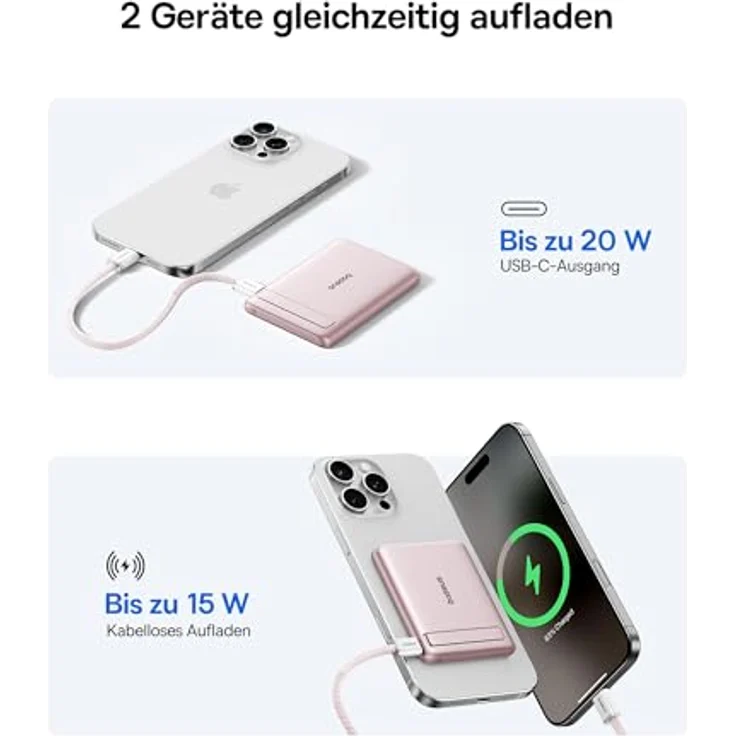 Baseus Mini MagSafe Powerbank 5000mAh, Qi2-zertifiziert mit Klappbarem Ständer, PD 20W, Magnetische Wireless Power Bank, USB-C, Kompatibel mit iPhone 17/16/15/14/13/12/Pro/Pro Max, Rosa – Bild 4