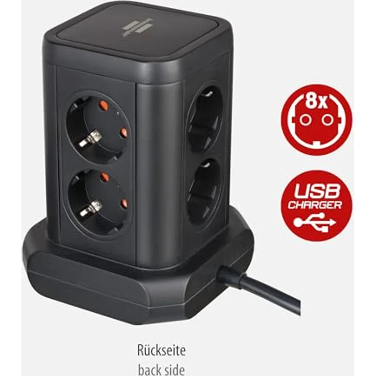 Brennenstuhl Steckdosenturm 8-fach in 45°-Anordnung, Steckdosenleiste ,schwarz, 4x USB – Bild 3