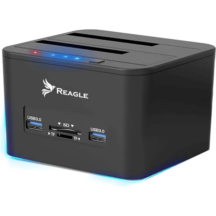Reagle Dual Bay Docking Station für HDD/SSD, 32TB Unterstützung, USB 3.2 Gen 1, Kartenleser, Offline Klonen, Kompatibel mit Windows/Mac