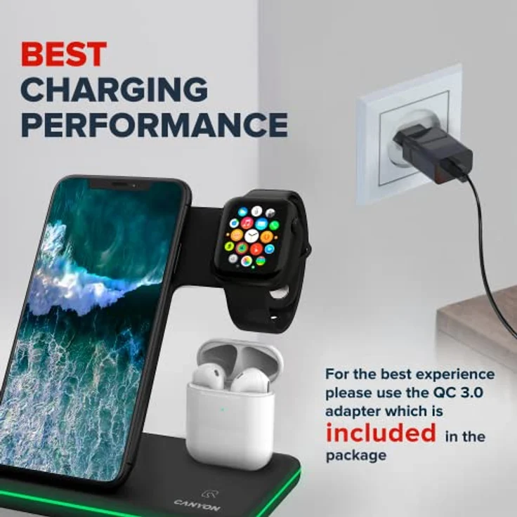 CANYON 3 in 1 Ladestation iPhone Airpods Kompatibel mit AirPods, iPhone Wireless Charger für Qi Geräte Adapter 18W (Schwarz - Mit Ladeanschluss für Airpods) – Bild 4