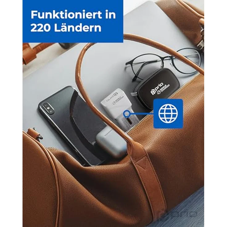 Prio Fast Charge World Reiseladegerät 25W PD PPS (USB C) + QC 3.0 (USB A), weiß, kompatibel in über 220 Ländern, mit Reisetasche – Bild 2