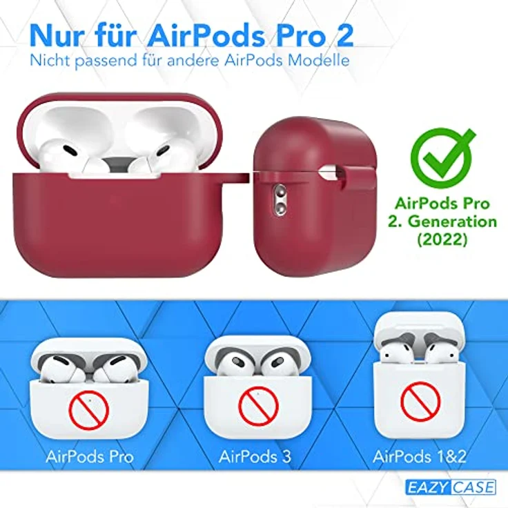 EAZY CASE Schutzhülle für AirPods Pro 2 Bordeaux Silikon Case - Stoßfest mit Karabiner - Antikratz Etui - rutschfest - Rot – Bild 2