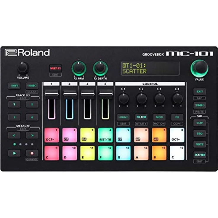 Roland MC-101, kompakte Groovebox mit 4-Spur-Sequencer, integrierten Sounds, importierbaren Loops, betrieb mit AA-Batterien, Schwarz – Bild 5