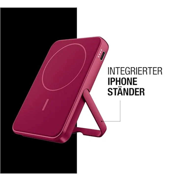 Fresh 'n Rebel Wireless Magnetic Powerbank 5000mAh, MagSafe-kompatibel, PD 20W Schnellladung, USB-C Port (in/Out), tragbar mit Ständer (Berry Red) – Bild 4