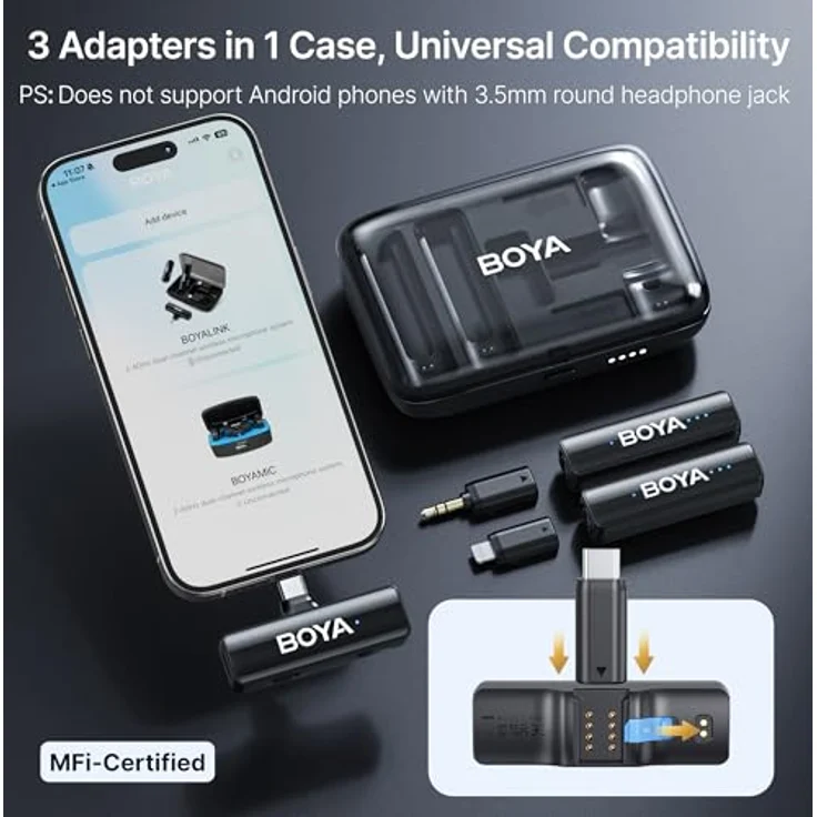 Boya Boyalink V2.0, Kabelloses Mikrofonset mit 48 kHz/24 Bit Sound, 300 m Reichweite, 30 Stunden Akkulaufzeit und drei Adaptern – Bild 5