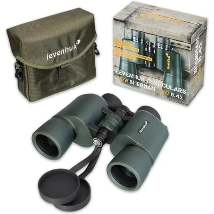 Levenhuk New Sherman PRO 8x42 Fernglas, wasserdichtes Outdoor-Fernglas mit BaK4-Optik, olivgrün/schwarz