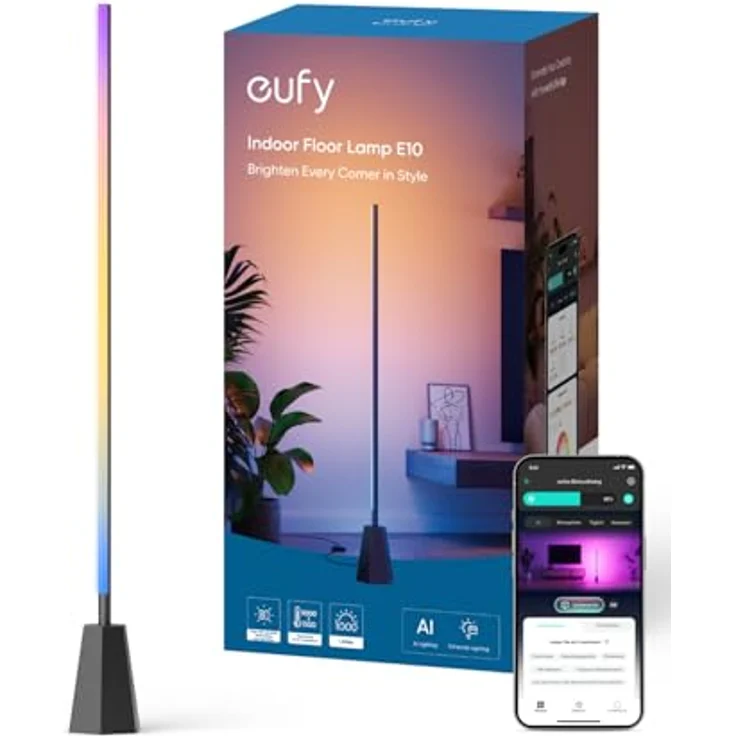 eufy Security Zimmer-Stehlampe E10, RGBWW LED, 16 Mio. Farben, 1700 Lumen, Google kompatibel, KI-Lichtthemen, Musikmodus, Schwarz – Bild 1