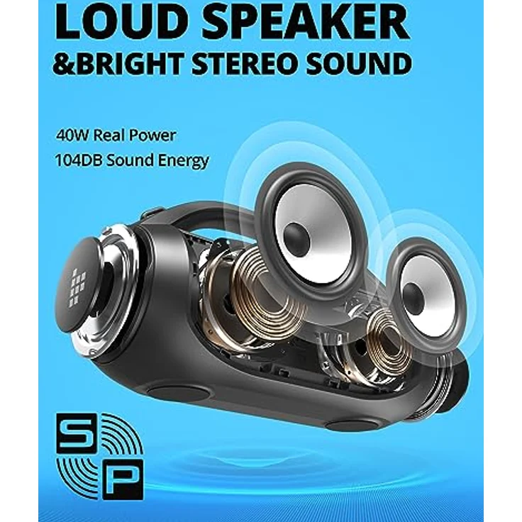 Tronsmart BANG SE Bluetooth Lautsprecher mit 3 Lichteffekten, 40W Tragbarer Outdoor Party-Lautsprecher mit IPX6 Wasserdicht, 24 Stunden Spielzeit, Bluetooth 5.3 mit Power Bank, Stereo Pairing, AUX, TF – Bild 3