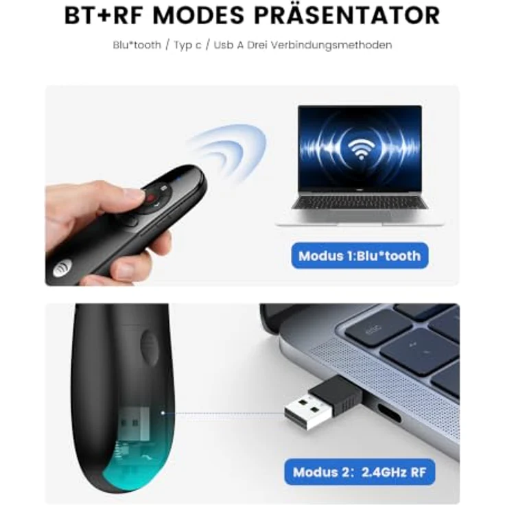 HASACOOL USB-C Presenter, kabellose PowerPoint Fernbedienung mit 2.4GHz+Bluetooth, 200m Laserpointer & 30m Reichweite, USB-A/C Receiver, Plug & Play für Windows/Mac/Linux/Android – Bild 2