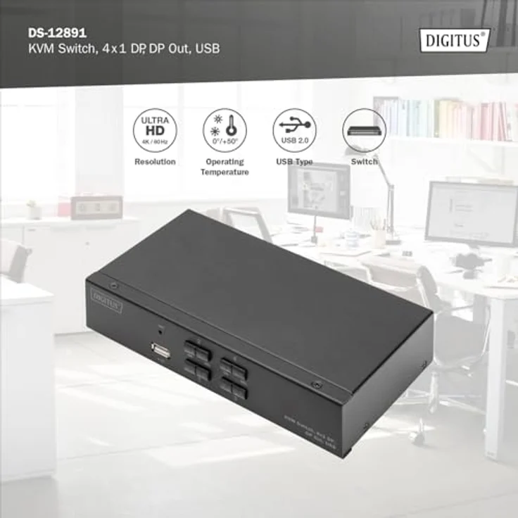 DIGITUS Displayport KVM-Switch – 4-Port Single-Display – 4 PC 1 Monitor – 1x Maus, Tastatur & Audio für 4 Computer – UHD 4K@60Hz (4096 x 2160p) – Hot-Key Umschalter – 1x USB 2.0 Hub – Schwarz – Bild 5