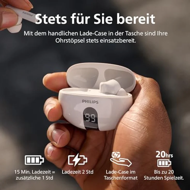 Philips True Wireless In-Ear-Kopfhörer TAT2520WT/00, ANC, 19,5 h Akkulaufzeit, IPX4, Bluetooth 5.4, Weiss – Bild 5