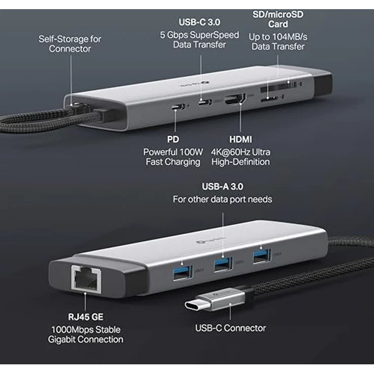 TP-Link UH9120C, USB-C-Hub 9 in 1 mit 4K 60Hz HDMI, Gigabit Ethernet, SD/microSD UHS-I, 100W Stromversorgung, 1 USB-C- und 3 USB-A Datenports – Bild 5