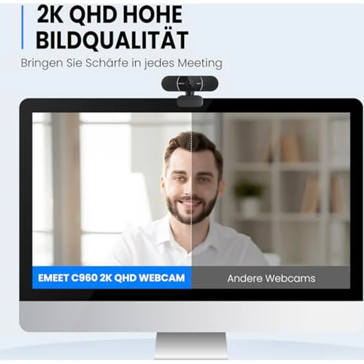 EMEET C960 2K Webcam, 2K QHD mit Dual Mikrofon, Objektivabdeckung, 70° Sichtfeld, automatische Lichtkorrektur, PDAF Autofokus, ideal für Zoom und Teams – Bild 2