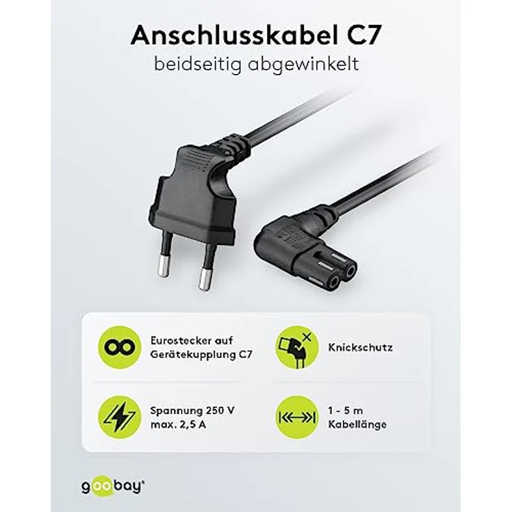 Goobay 73019 Netzkabel Eurostecker auf 2-Polig Doppelbuchse Gewinkelt für Sonos Play, Monitore, Radios, 2m schwarz – Bild 2