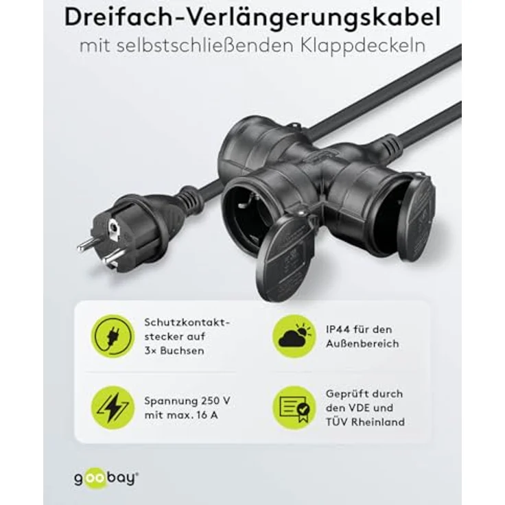 goobay 65439 Outdoor 3-Fach Verlängerungskabel/Stromkabel mit Schutzklappen (IP44) - 25m, schwarz – Bild 2