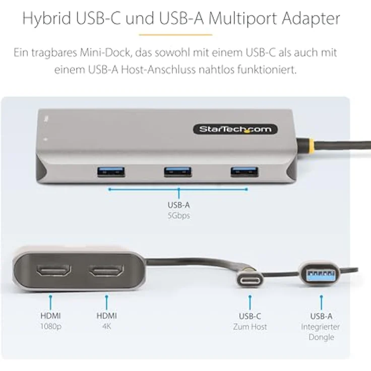 StarTech.com USB-C Multiport Adapter mit USB-C zu USB-A Dongle, USB C Docking Station 2X HDMI (4K30Hz/1080p60Hz), 3X USB-A 5Gbps, Mini Dock, Laptop Dockingstation, 40cm Kabel (167B-USBC-MULTIPORT) - Erhöhte Produktivität und Dual Display Kompatibilität, Silber – Bild 4