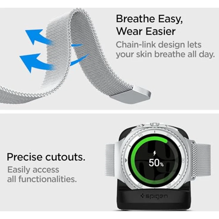Spigen Metal Fit (Steel), Uhrenarmband aus hochwertigem Edelstahl mit verstellbarem Magnetverschluss, Silber – Bild 5