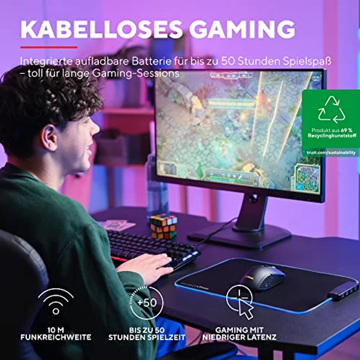 Trust Gaming GXT 923 Ybar Wiederaufladbare Kabellose Gaming-Maus, Geringer Latenz 2.4GHz, 50 Stunden Akkulaufzeit, 200-7200 DPI, 69% Recyclingkunststoff, PC, Laptop, Computer, Windows – Schwarz – Bild 2