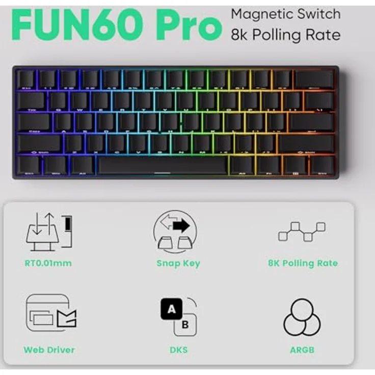 Akko MonsGeek FUN60 Pro Gaming-Tastatur, RGB, Glare Magnetic Switch – schwarz, ANSI (US) – Bild 2