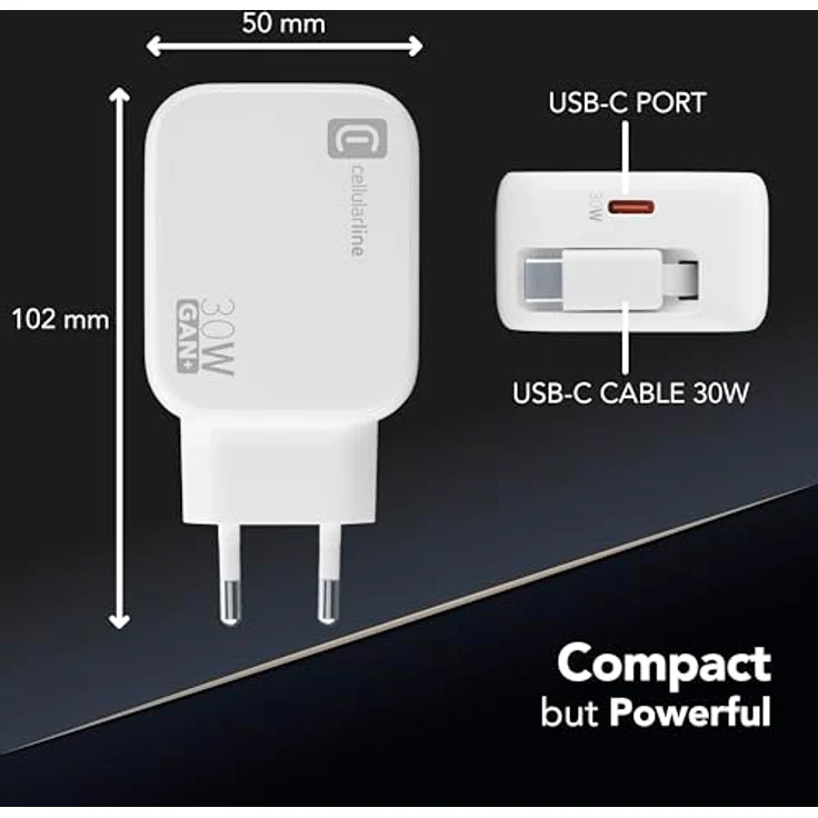 Cellularline 30W-Wandladegerät mit 90 cm einziehbarem USB-C-Kabel, GaN-Technologie, Doppeltem USB-C Power Delivery-Anschluss, kompakt für Smartphones und Tablets, Weiß – Bild 4