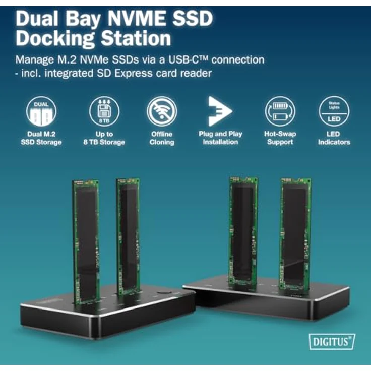 Digitus DA-71545-1, NVMe Klonstation USB3.1 Gen2 Typ-C für 2 M.2 SSDs bis 4 TB, Festplattengehäuse, Schwarz – Bild 2