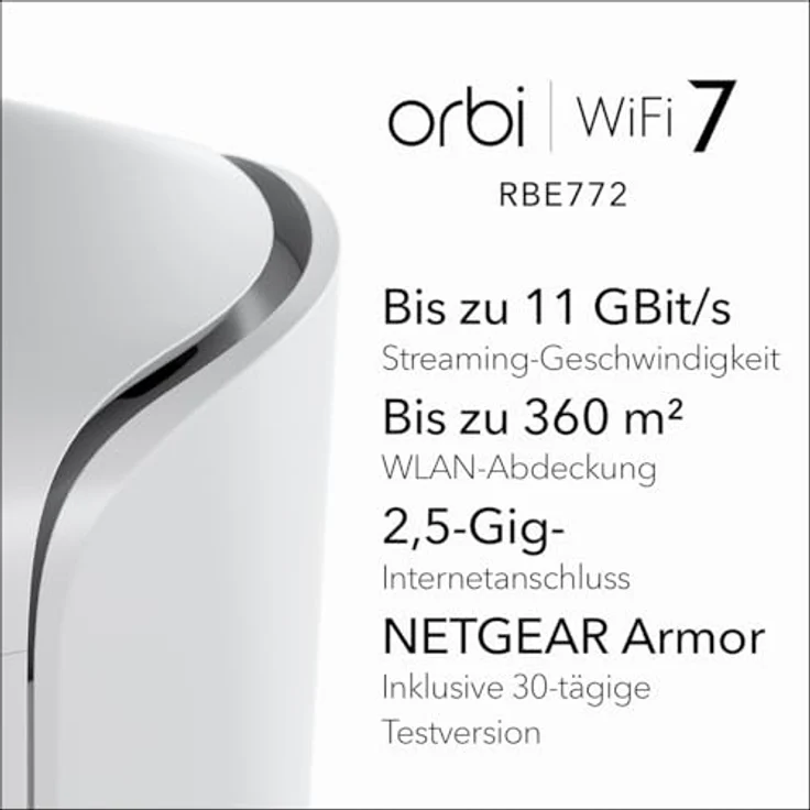Netgear Orbi 770 Serie Quad-Band WiFi 7 Mesh-Netzwerksystem (RBE772) Router mit 1 Satelliten-Repeater, bis zu 360 m² Abdeckung, 100 Geräten, 2,5-Gig-Internetanschluss (11 GBit/s) – Bild 2