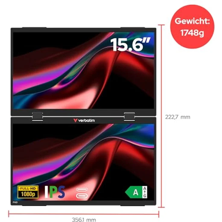 Verbatim Dual Portable Monitor 15,6", mobiler Full HD Bildschirm aus Kunststoff mit 2x USB-C und HDMI-Anschluss für Laptop, Tablet, Smartphone, PS5, Nintendo Switch – Bild 2