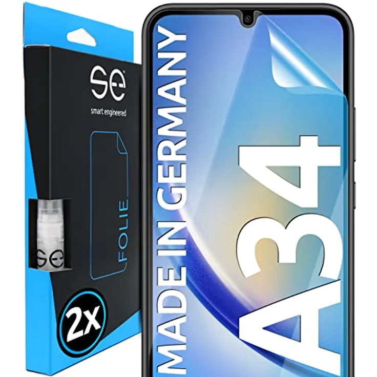 smart engineered 2x se® 3D SCHUTZFOLIE Transparent für Samsung Galaxy A34, selbstheilend, 100% Fingerabdruck & FaceID kompatibel, blasenfreie Installation, ultra-klar, stoß-kratzfest, made in Germany