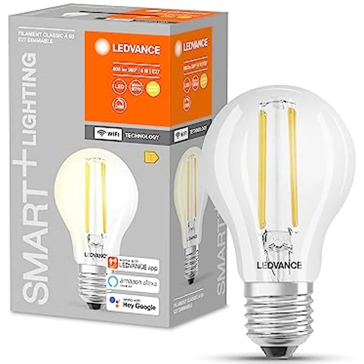 Ledvance Smarte LED-Lampe mit WiFi Technologie, Sockel E27, dimmbar, warmweiß (2700K), ersetzt Glühlampen mit 60W, steuerbar mit Alexa, Google Assistant und Samsung SmartThings, SMART+, 1er-Pack