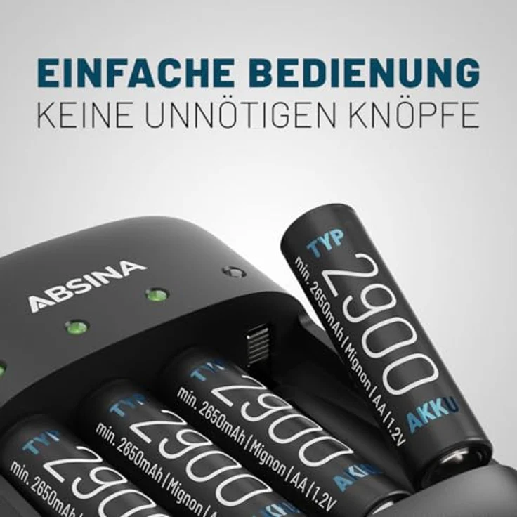 ABSINA X4 Akku Ladegerät für AA, AAA & 9V inkl. 4x AAA 1150mAh Akkus, Schnellladung mit Einzelschachtüberwachung und LED Statusanzeige – Bild 2
