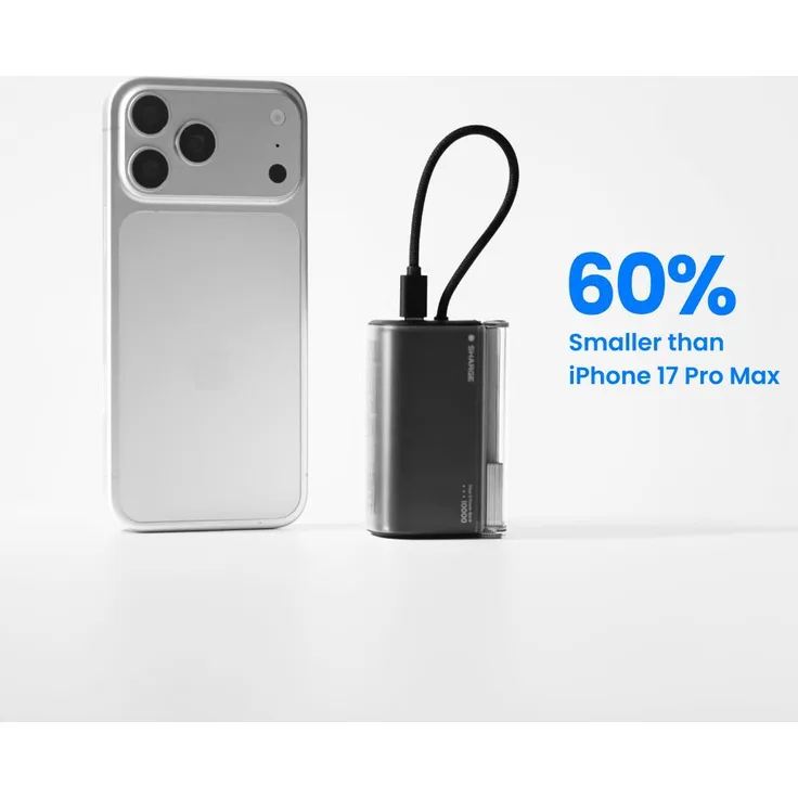 Sharge Flow 3 Powerbank 10.000mAh, 45W Schnellladung mit integriertem USB-C Kabel, halbtransparent, Schwarz