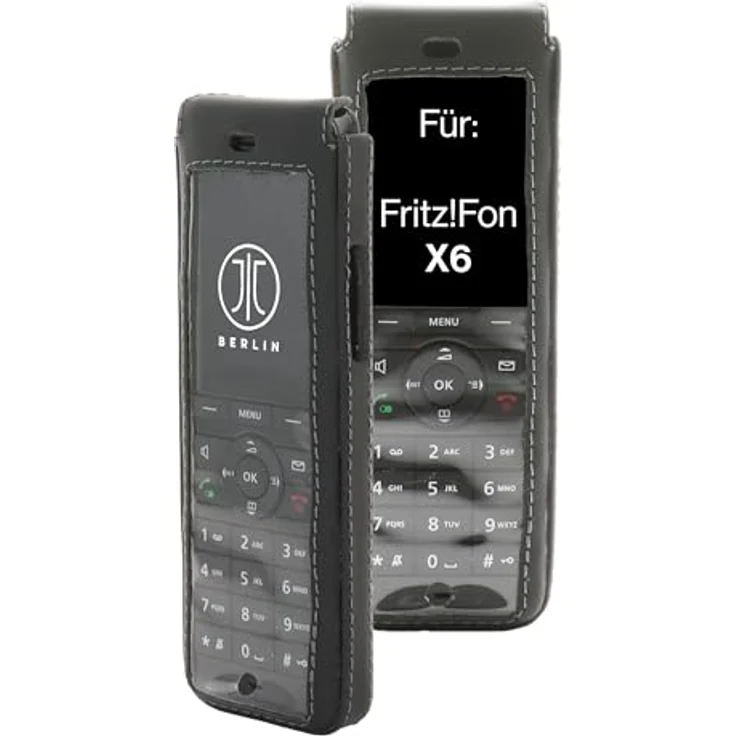 JT Berlin Turnline Schutzhülle für AVM Fritz!Fon X6, Echtleder, schwarz, mit 8-Stufen Gürtel-Drehclip und smarter Folie, Handmade in Europe – Bild 1