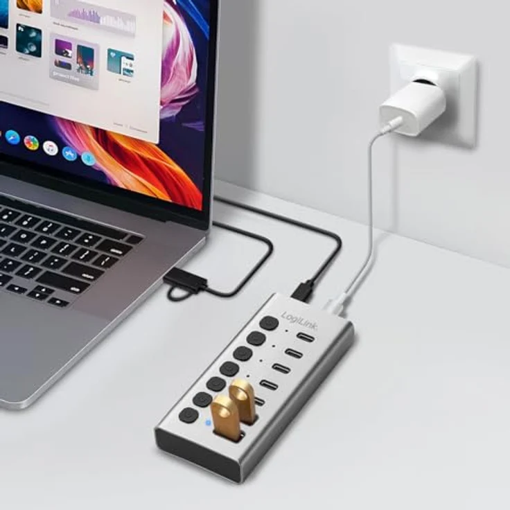 LogiLink UA0447 USB 3.2 Gen1 Hub mit 7-Ports, USB Typ A und C, Aluminium, mit EIN-/Ausschalter und 20 W PD Ladegerät – Bild 2