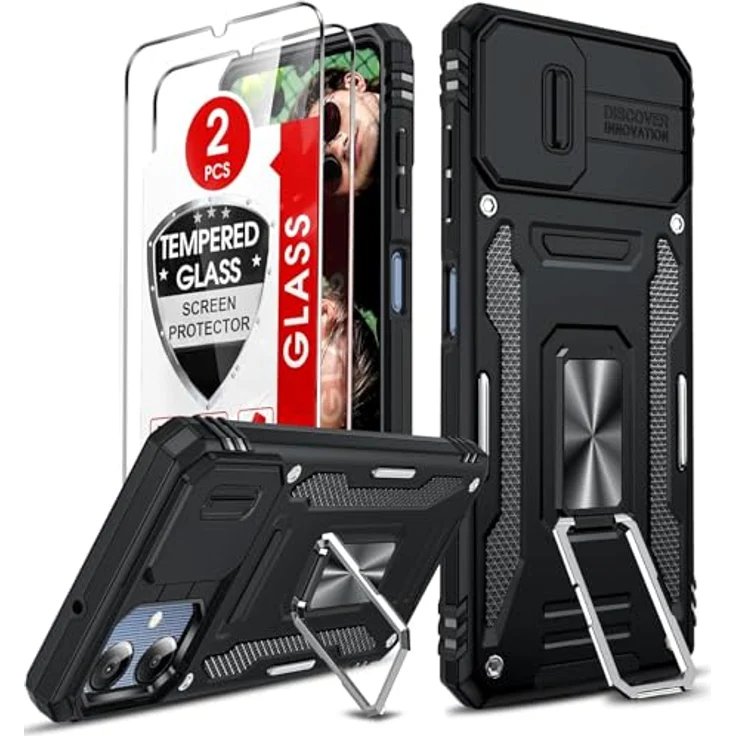 LeYi Kameraschutz Handyhülle für Samsung Galaxy A06, Militär Hardcase mit 2 Glasfolien, Stoßfest, Kratzfest, mit drehbarem Metall Ring Halter, Schwarz – Bild 1